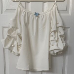 CeCe Cream Off-Shoulder Blouse with Pearl Details